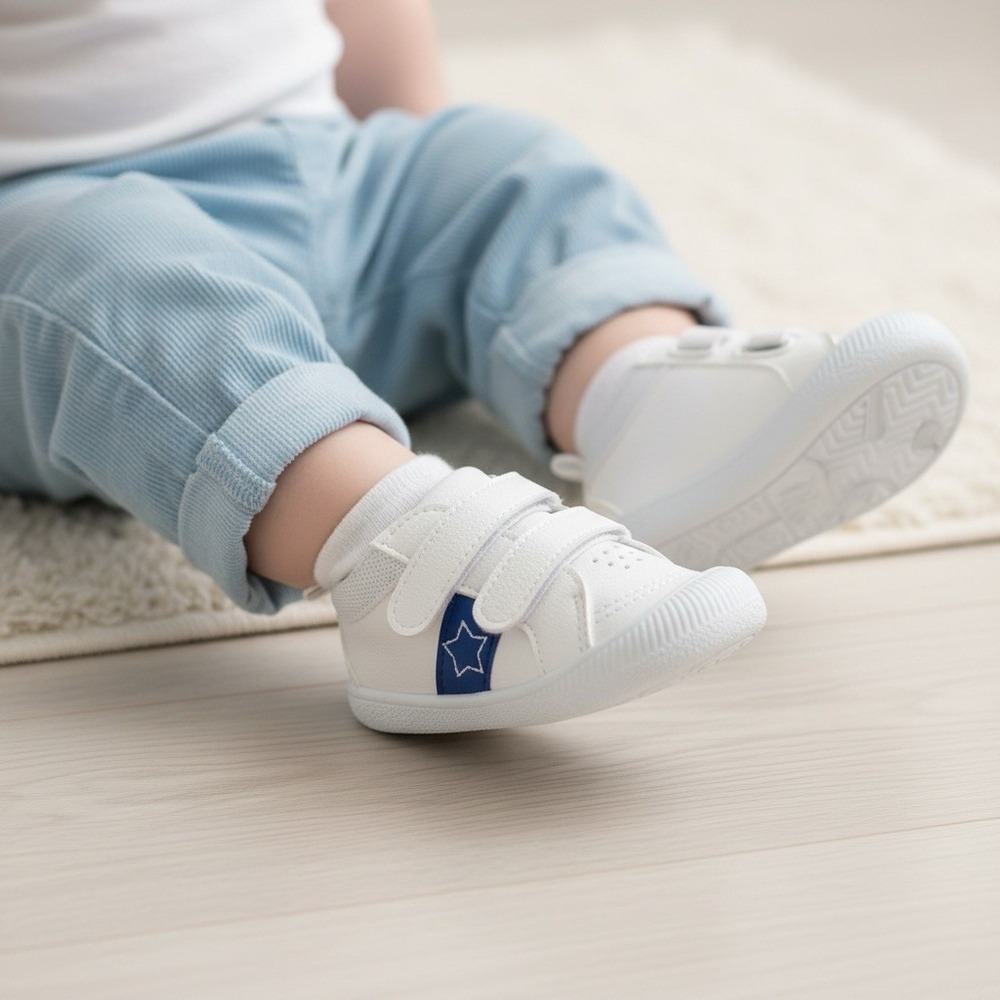 Gerber‎ White Sneakers Size 3 (6-9 months) Blue Stars Kids Shoes Hook & Loop
